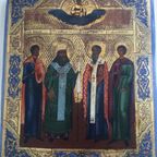Russische Icoon, 19 De Eeuw - Jezus Christus In De Wolken Over 4 Uitverkoren Heiligen thumbnail 9
