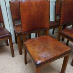 Set Van 6 Eiken Art Deco Eetkamerstoelen In Bruin Leer thumbnail 4