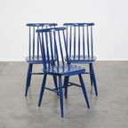 Set Van 3 Mooie Vintage Jaren ’60 Blauwe Houten Eetkamerstoelen/ Spijlen Stoelen thumbnail 2