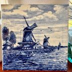 Vintage Delfts Blauw Tegeltje Handgeschilderd Hollands Landschap Molen thumbnail 4