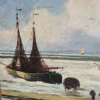 Groot Zeegezicht Met Bomschuiten Op Het Strand thumbnail 2