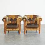 Unieke Set Van 2 In Goede Staat Verkerende Stoffen Patchwork Chesterfield Clubfauteuils thumbnail 2