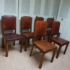 Set Van 6 Eiken Art Deco Eetkamerstoelen In Bruin Leer thumbnail 3