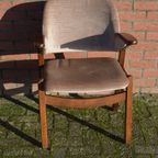 Retro Eiken Pynock Armstoel Beige Bruine Velours Bekleding thumbnail 3