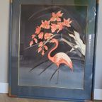 Mooi Vintage Schilderij Van Een Flamingo En Bloemen - Di Alexis thumbnail 3