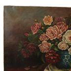 Groot Bloemen Stilleven Schilderij Rozen Boeket Gesigneerd R. Blanlin thumbnail 9