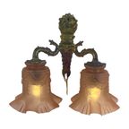 Art Deco - Antique Wall Mounted Lamp - Brass Base And Two Pink Satin Glass Shades With A Skirt Mo thumbnail 2