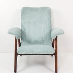 Vintage Fauteuil Teakhout Licht Blauwe Ribstof Nieuw thumbnail 8