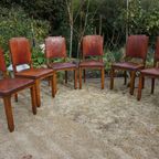 Set Van 6 Eiken Art Deco Eetkamerstoelen In Bruin Leer thumbnail 22