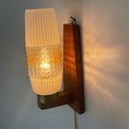 Vintage 50’S Mcm Wall Mounted Lamp - Wooden Frame And Brass Detailing - Pressed Glass Shade thumbnail 6