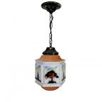 Art Deco Hanglamp Met Glazen Kap Met Natuur-Taferelen, Jaren 30 thumbnail 3