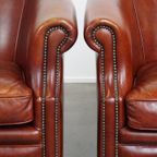 Set Van 2 Cognac-kleurige Rundleren Clubfauteuils En Hocker In Engelse Stijl thumbnail 18