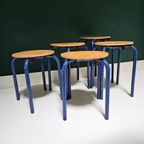 5 Leuke Vintage Retro Houten Schoolkrukjes Hout Blauw thumbnail 6