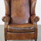 Grote, Karaktervolle En Comfortabele Vintage Engelse Stijl Schapenleren Oorfauteuil thumbnail 6