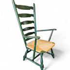Vintage Transparent Green Wooden Arm Chair / Rush Seat / High Back Ladder Chair thumbnail 6