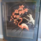 Mooi Vintage Schilderij Van Een Flamingo En Bloemen - Di Alexis thumbnail 11