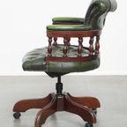 Klassieke Groene Rundleren En Houten Chesterfield Bureaustoel/ Captain Chair In Engelse Stijl thumbnail 5
