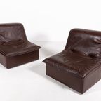 Pair Of Vintage Italian Design Brown Leather Lounge Chairs / Fauteuils , 1980’S thumbnail 2