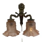 Art Deco - Antique Wall Mounted Lamp - Brass Base And Two Pink Satin Glass Shades With A Skirt Mo thumbnail 9