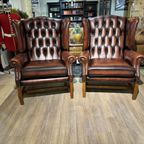 2 X Engelse Xl Chesterfield Oorfauteuils In Darkrust / Rood Bruin Leer Georgian thumbnail 3