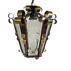 Art Deco - Lantaarn Hanglamp - Messing - Gesatineerd Glas thumbnail 10
