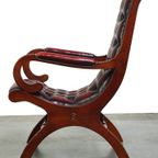 Donker Rode Gevlamde Engelse Chesterfield Fauteuil Van Rundleer En Hout, Victoriaans Model thumbnail 6