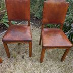 Set Van 6 Eiken Art Deco Eetkamerstoelen In Bruin Leer thumbnail 24