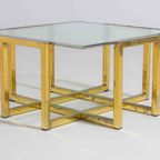 Hollywood Regency Geometrische Messing Salontafel Met Glazen Blad thumbnail 5