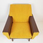 Vintage Gele Fauteuil Okergele Teddy Stof Bruin Skai thumbnail 5