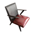 Vintage Fauteuil Hout Met Zwart/Rood Skai Leer, Jaren '50/'60 thumbnail 2