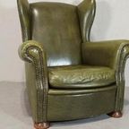 Vintage Leren Oorfauteuil, Groen thumbnail 4