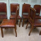 Set Van 6 Eiken Art Deco Eetkamerstoelen In Bruin Leer thumbnail 5