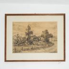 Antique Dutch Countryside Landscape Drawing By P. Schmidt * 1920S * Framed * Original Sketch thumbnail 3