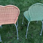 Vintage Set Van Paar ( 2) Rieten Stoelen Groen En Beige In Hart Vorm thumbnail 5