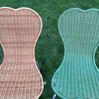 Vintage Set Van Paar ( 2) Rieten Stoelen Groen En Beige In Hart Vorm thumbnail 6