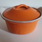 Vintage Franse Le Creuset Cousances Oranje Kleine Geëmailleerde Gietijzeren Braadpan En Kleine Pot thumbnail 6