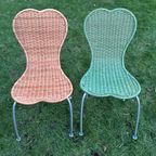 Vintage Set Van Paar ( 2) Rieten Stoelen Groen En Beige In Hart Vorm thumbnail 9