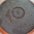 Vintage Franse Le Creuset Cousances Oranje Kleine Geëmailleerde Gietijzeren Braadpan En Kleine Pot thumbnail 5